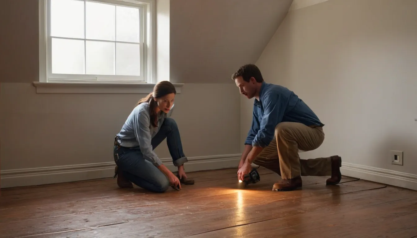 A homeowner and a pest control provider inspecting a basement beam in a home in Alexandria